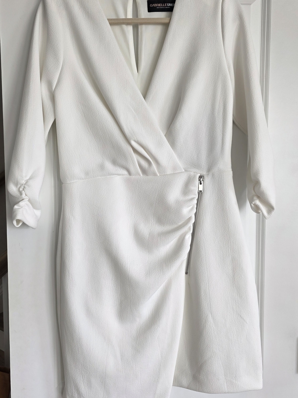 New York & Company White Faux Wrap Dress with Side Zip